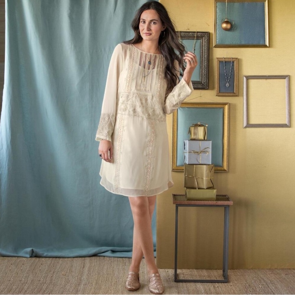 NEW Sundance Zelda Silk Embellished Shift Dress Cream Size 8 Embroidered Lace